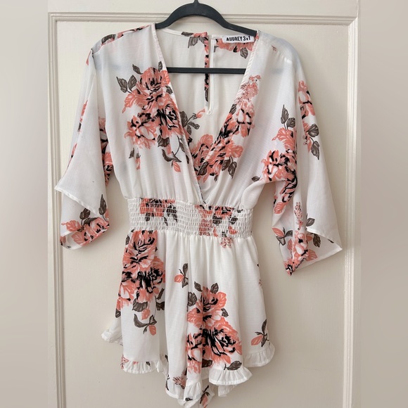 White and Coral Floral Romper - Picture 1 of 3